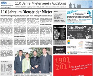 Artikel Augsburger Allgemeine “110 Jahre Mieterverein Augsburg”, 28.10.2011